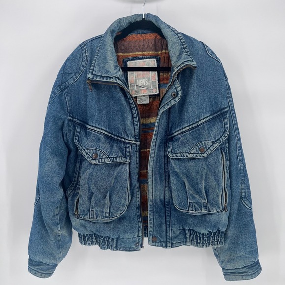 Vintage 80's Today's News Denim Bomber Jacket L Southwestern Aztec  Lined Coat - Picture 1 of 15